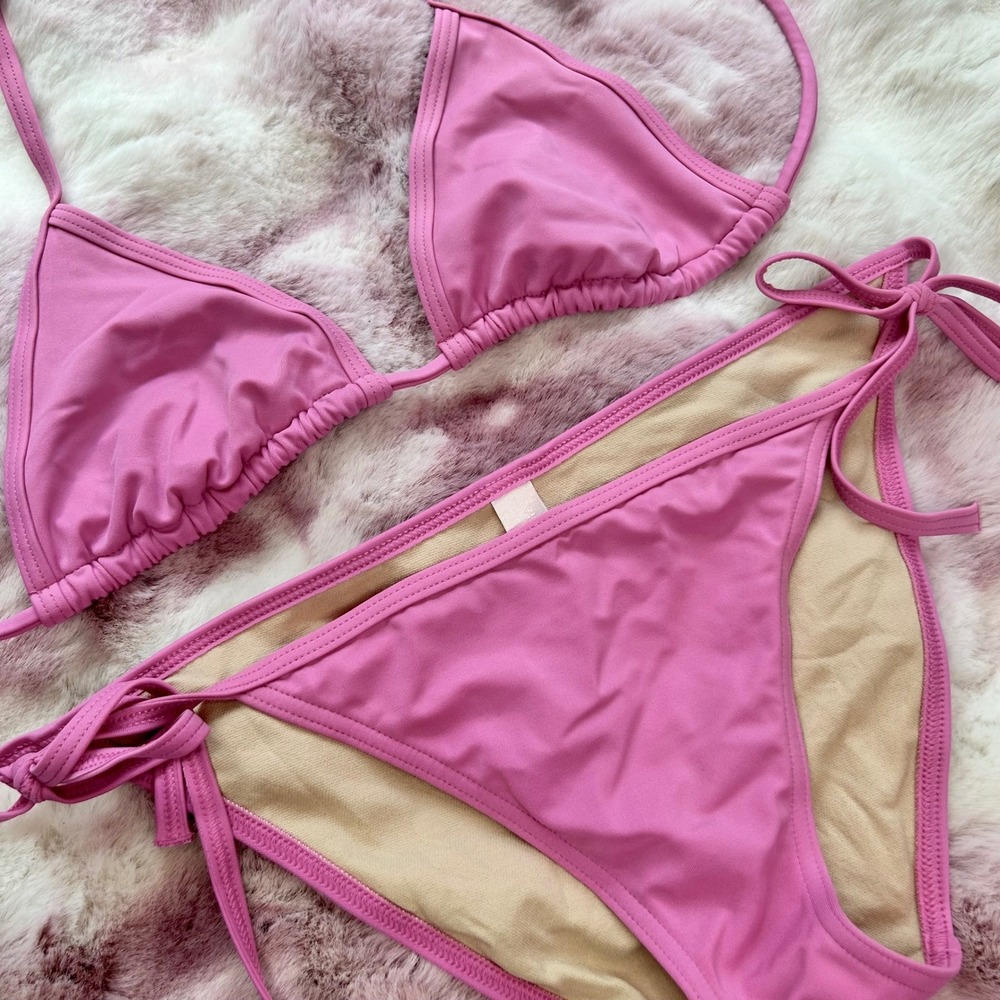 Victoria's Secret Women Small Bikini Set Pink Triangle Top Side Tie Bottom NWOT